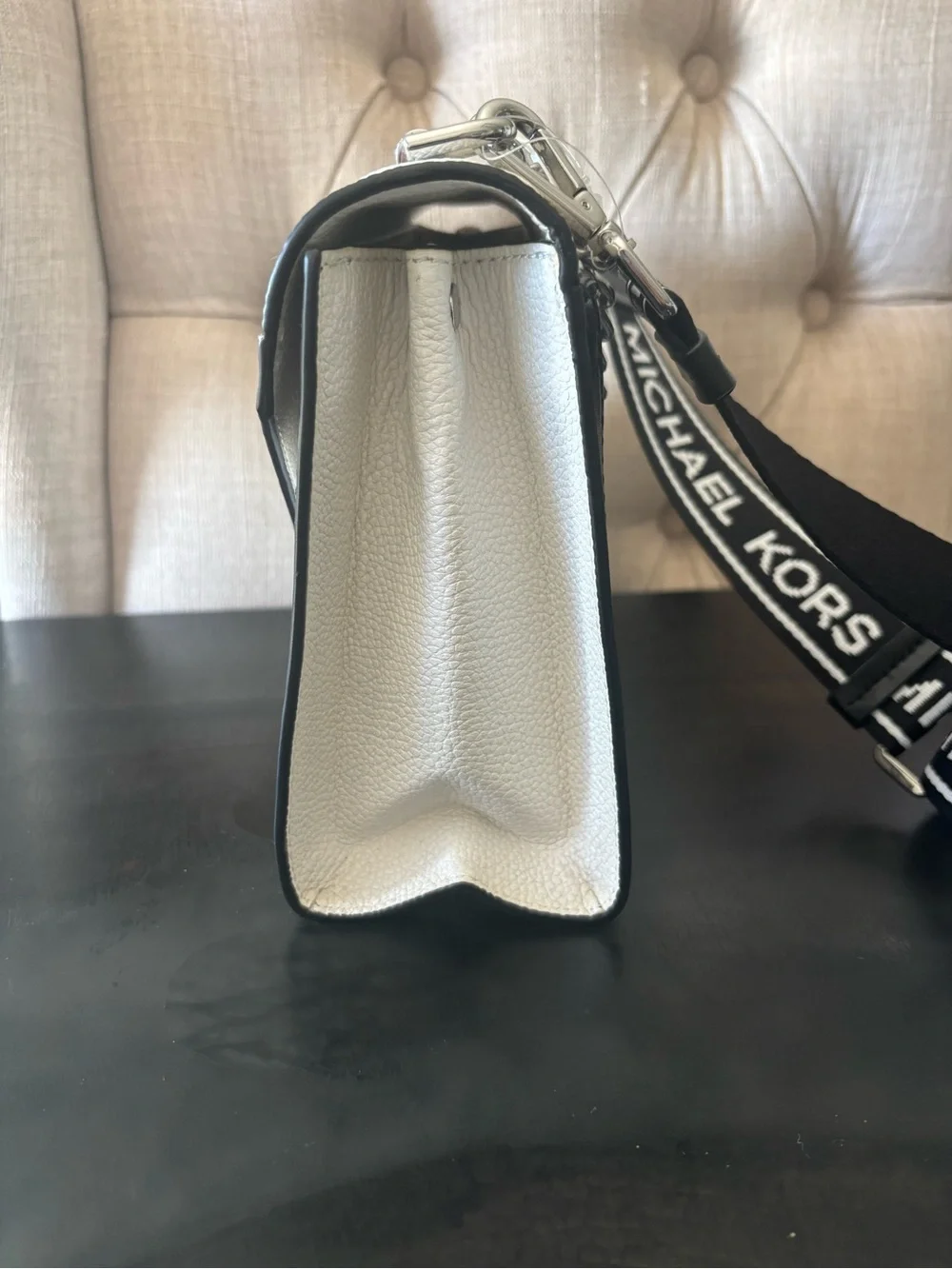 Michael Kors White and Black Pebbled Leather Shoulder Bag with Logo Strap